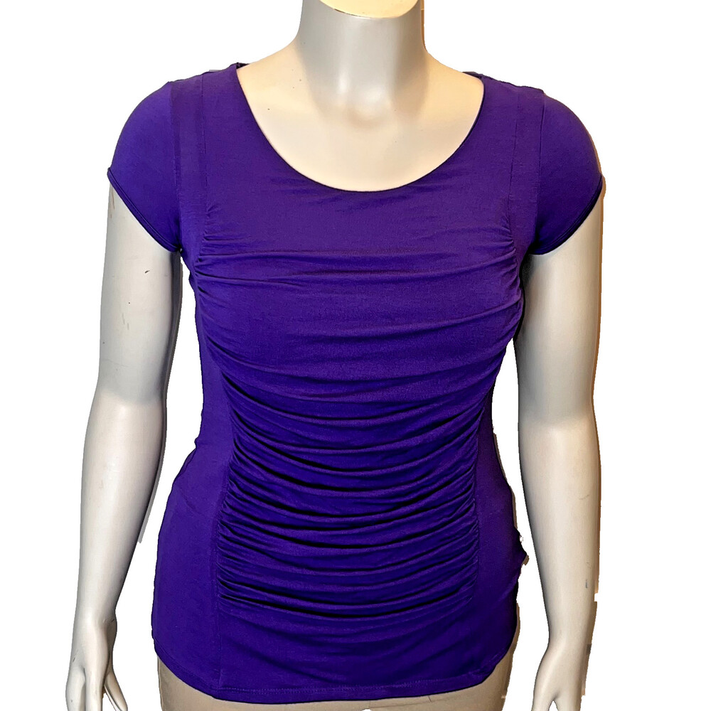 Kenar Knit Top Women's M Purple Ruched Center Round Neck Stretch Cap Sleeve